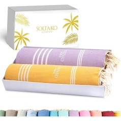 SOLTAKO XXL 2 x Fouta Beach Towel, Sauna Towel, Bath Towel, Hammam Towel, Yoga Blanket, Pestemal, in Mauve & Honey Yellow Colours, set of 2, Gift Set, Extra Large, 100 x 200 cm