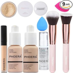 Phoera Foundation, Phoera Primer, Phoera Powder, Concealer Cover, Liquid Matt, Full Coverage, grima pamatnes ota un pūdera ota, grima sūklis (101+102/Porcelain+ Nude).