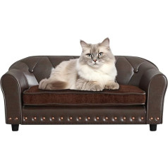 PWTJ Dog Bed/Dog Sofa and Chair with Copper Nail/Luxury PU Leather Pet Sofa Bed/Wooden Frame Cat Bed/Dog Sofa with Washable Suede Cushion for Medium Dogs Rest (Brown)