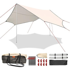 Waterproof Outdoor Tent Sun Protection Canopy, Camping Picnic Canopy, Ultralight Tent Tarpaulin with Support Poles, Eyelets, Aluminium Pins, Nylon Rope, UV and Rain Resistant (5.1 m x 5.1 m)