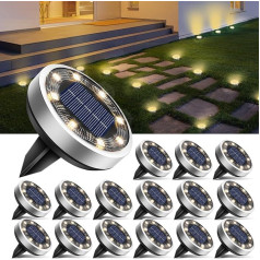 btfarm Pack of 16 Solar Floor Lights Outdoor, 8 LED dārza apgaismojums, saules ūdensizturīgs grīdas saules apgaismojums, saules apgaismojums ārtelpai, dārzam, zālienam, piebraucamajam ceļam, celiņam, terasei, silti balts