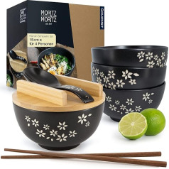 Moritz & Moritz 4 x Ramen keramikas bļodas, 600 ml, 15 cm diametrs, melns Ramen bļodu komplekts 4 personām, zupas, Pho un suši bļodām, komplektā ietilpst nūjiņas, vāks un karote