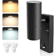 ALUSSO LIGHTING LED sienas lampas ar PIR kustības sensoru Nerūsējošais tērauds uz augšu uz leju āra gaisma Iekštelpu sienas lampas, ieskaitot 2x 8W GU10 spuldzes 750LM 3000K/4000K/6000K, āra lampas IP65 ūdensizturīgas, melnas