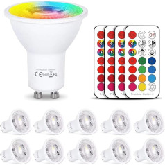 LED spuldze GU10 Warm White + RGB krāsu maiņa ar tālvadības pulti, 6 W dimmējama spuldze 540 LM sliedes apgaismojumam, iebūvējamam prožektoram, 10 gab. komplekts