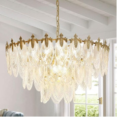 DLLT Modern Kristall Pendelleuchte, 80cm Kronleuchter Gold, Rund Kristall Hängeleuchte mit 3 Schichten aus Kristallklingen, 12xE14 Lichter für Wohnzimmer, Esszimmer, Schlafzimmer, Restaurant