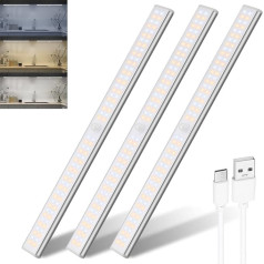 Komplektā 3 apakšējā apgaismojuma lukturi Virtuves LED 35 cm 1800 mAh skapja apgaismojums ar kustības sensoru 3 krāsu režīmi 96 LED lampu sensora gaisma Bez urbšanas Dimmable kabineta gaisma USB uzlādējams skapim