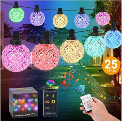 LED pasaku gaismas āra apgaismojums, 25 LED krāsainas pasaku gaismas ar Bluetooth, 20 režīmi, 16 krāsas, pasaku gaismas, āra apgaismojums, IP65 ūdensnecaurlaidīgas pasaku gaismas, spuldzes āra, dārza, balkona, terases un terases apgaismojumam