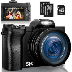 Digitālā fotokamera 5K, 48MP 16X digitālā tālummaiņa Fotokamera ar 32G SD karti, autofokuss WiFi Kompaktkamera 6 Ahsen Stabilisierung Reisekamera mit UV-Filter und 2 Akkus für Anfänger, Kinder, Vloggen