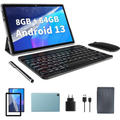 JIKOCXN 10 Zoll planšetdators, Android 13 planšetdators ar 8GB RAM+64GB ROM 1TB, Quad Core Prozessor Tablet PC, 1280 x 800 IPS HD, 6000mAh akumulators, Dual Kamera, WiFi (melns)