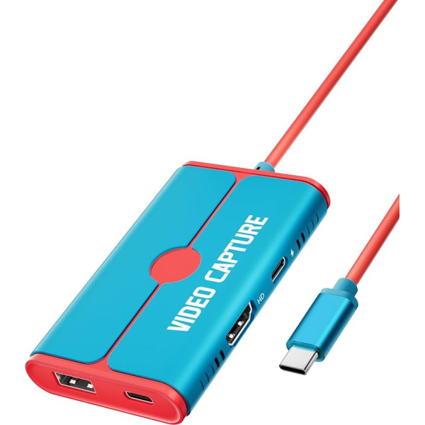 Lemorele video uztveršanas karte Switch, audio video uztveršanas karte ar HDMI cilpas izeju, 1080P USB C uz USB-C video spēļu uztveršanas grafberis PS5/Switch/Kamera/PC/OBS/Steam/Samsung Dex (zila)