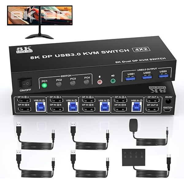 8K@60Hz Displayport KVM Switch 4 PC 2 Monitore 4K@120Hz DP1.4 KVM-Switches mit 3 USB Anschlüssen und Audio-Mikrofon-Ausgang für 4 Computer mit gemeinsamem Dual-Monitor, Tastatur, Maus