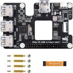 Waveshare PCIe to USB 3.2 Gen1 HAT+ paplašināšanas karte Raspberry Pi 5, PI5 adaptera plate, 4 USB pieslēgvietas, 1-4 ātrgaitas USB pieslēgvietas, HAT+ standarts, ar barošanas uzraudzības mikroshēmu un ventilatora ventilatoru, Plug and Play