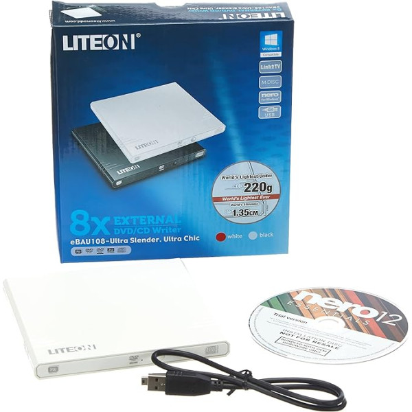 Lite-On Externes DVD-Laufwerk - Ārējais plāns USB DVD-RW (Ārējais USB DVD-RW (Bequeme Stromversorgung über den USB-Anschluss - SMART Burn für max. Schreibqualqualität - optimierte Lesegeschwindigkeit) 8X External Weiß