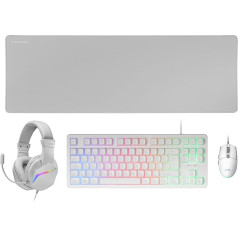 MARSGAMING MCP-RGB3 Pack Spēļu tastatūra Fixed RGB + Spēļu pele RGB Flow 3200 DPI + austiņas RGB + XXL peles paliktnis, balta, portugāļu valoda