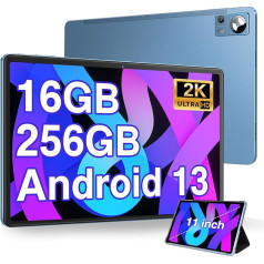 DMOAO Planšetdators 11 Zoll Android 13 ar 16GB RAM 256GB ROM 1 TB Uzlabots, 2K FHD planšetdators ar 3 kamerām 13MP+5MP+2MP, 8 kodi, 2.0 GHz, IPS 2000 * 1200, 5G WLAN, akumulators 8600 mAh, BT 5.0, GPS, melns