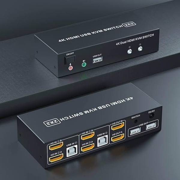 Divu monitoru KVM slēdzis HDMI 2 portiem, 4K @ 60Hz KVM slēdzis 2 monitoriem 2 datoriem ar audio mikrofona izeju un 3 USB pieslēgvietām, tastatūras video peles perifērijas ierīču slēdzis 2 datoriem ar diviem monitoriem