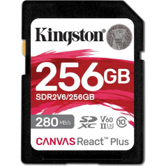 Kingston Canvas React Plus V60 SD 256GB SDXC UHS-II 280R/150W U3 V60 priekš Full HD/4K