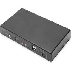 DIGITUS HDMI KVM slēdzis - USB-C piezīmjdatora pieslēgvietai - 2 porti vienam displejam - 2 PC, 1 monitors - 1x pele, tastatūra un audio 2 datoriem - RJ45 LAN pieslēgvieta un USB-C tranzistors portatīvajam datoram - melns