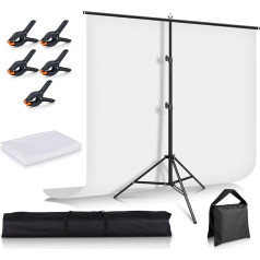 White Background with Stand 1.5 x 2 m/5 x 6.5 ft, Foccalli Photography Background Stand with Chromakey Muslin Background, 5 Backdrop Clips and Sandbag for Streaming Gaming Photo Shooting