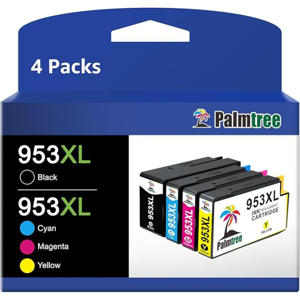 Palmtree 953 XL 953XL daudzpakešu printeru kasetnes atkārtoti atjaunotas HP 953XL daudzpakešu kasetnes HP Officejet Pro 8715 8710 7720 7740 8730 8720 8720 8725 8210 printeriem (melna, ciāna, purpura, dzeltena)