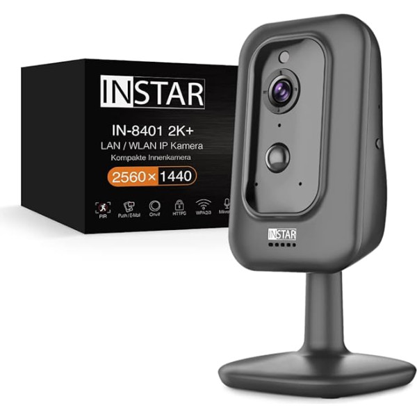 INSTAR IN-8401 2K+ Black - LAN/WLAN novērošanas kamera ar mākslīgo intelektu (AI) - IP kamera - WPA3-2.4 un 5GHz WiFi - divvirzienu audio - PIR - siltuma sensors - nakts redzamība - 940 nm neredzamās gaismas diodes - HomeKit - MQTT