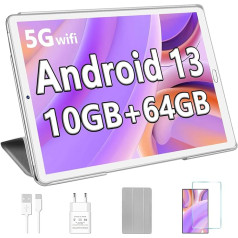 YESTEL planšetdators 10 collu Android 13 ar 10 GB RAM + 64 GB ROM (1 TB paplašināms), GPS, 5G Wi-Fi, 8 kodolu CPU, 5MP + 8MP, Bluetooth 5.0, USB-C planšetdators ar korpusu, sudraba krāsā