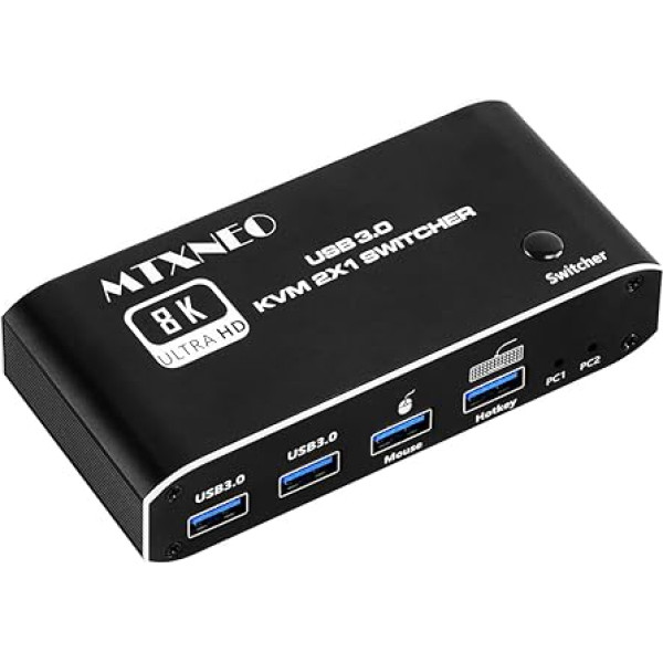 MTXNEO KVM HDMI slēdzis 1 monitora 2 datoru atbalstam USB 3.0 8K60Hz Display Port 2PC akciju 1 komplekts peles tastatūras un monitora karstā taustiņa HDMI 2.1 in/Out ports (8K 2in 1out)