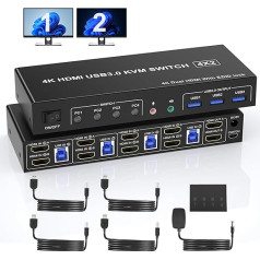 4K @ 60Hz divu monitoru HDMI KVM slēdzis 4 datoriem, atbalsta EDID, USB 3.0 KVM slēdzis HDMI 4 datoriem, 2 monitoriem ar audio mikrofonu un 3 USB 3.0 pieslēgvietām, iekļauts līdzstrāvas adapteris un 4 USB 3.0 kabeļi