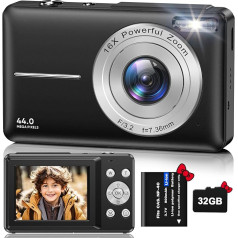 Digitālā fotokamera Fotoaparāts HD 1080P 44MP, Fotoaparāts ar 32GB zibatmiņu, Labāka fotokamera ar 16X digitālo tālummaiņu bērniem, jauniešiem, jaunietēm, jauniešiem(Schwarz)