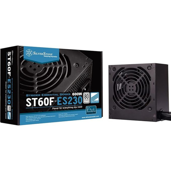 Silverstone SST-ST60F-ES230 - Strider Essential Series, 600W 80 Plus 230V EU ATX šņākstoši kluss PC barošanas bloks ar 120 mm ventilatoru