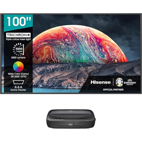 Hisense 100L9G-B12 (100 collu) RGB trichroma lāzera projektors (100 collu DLP panelis, 4K lāzera televizors, UHD, HDR, lāzera tehnoloģija, VIDAA U4 Smart TV, trīskāršais uztvērējs, četrkodolu procesors)