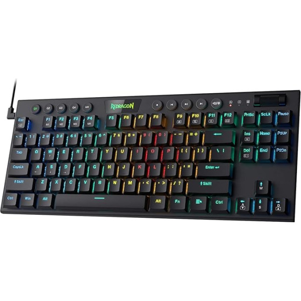 Redragon K622 TKL RGB mehāniskā tastatūra, īpaši plāna vadu spēļu tastatūra ar plakaniem taustiņiem, specializētu multivides vadību un brūnu slēdzi, atbalsta Pro programmatūru