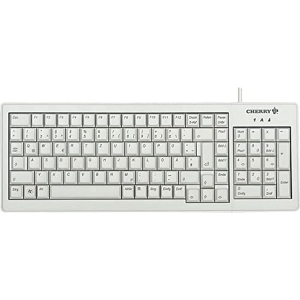 CHERRY G84-5200 Kompaktinė klaviatūra, vokiškas išdėstymas, QWERTZ spalvos tekstūra, kabelinė tekstūra, kompaktiškas dizainas, ML mechanizmas, pilka spalva