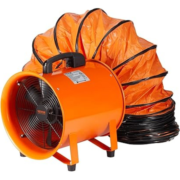 VEVOR Būvniecības ventilators 145 W maiņstrāvas motors Būvniecības ventilators 2900 RPM Būvniecības ventilators 1020 CFM (1733 m3/h) Aksiālais ventilators ar 8 m šļūteni Aksiālais ventilators 79 dB trokšņa līmenis Rūpnieciskais ventilator