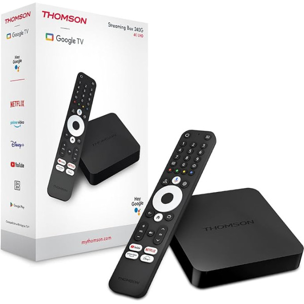 Thomson Streaming Box 240G, 4K UHD, Google balss vadība, Wi-Fi, (Netflix, Prime Video, YouTube, Disney+, Canal+, Spotify, DAZN), iebūvēts Chromecast