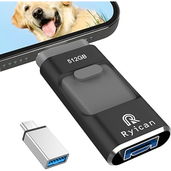 USB Stick for Phone Ryican 512 GB Memory Stick for iOS Password Protected Files 4 in 1 USB 3.0 Photostick Pendrive USB C for OTG Android/Laptop/PC/Pad, Data Copied with One Click (512G, Black)