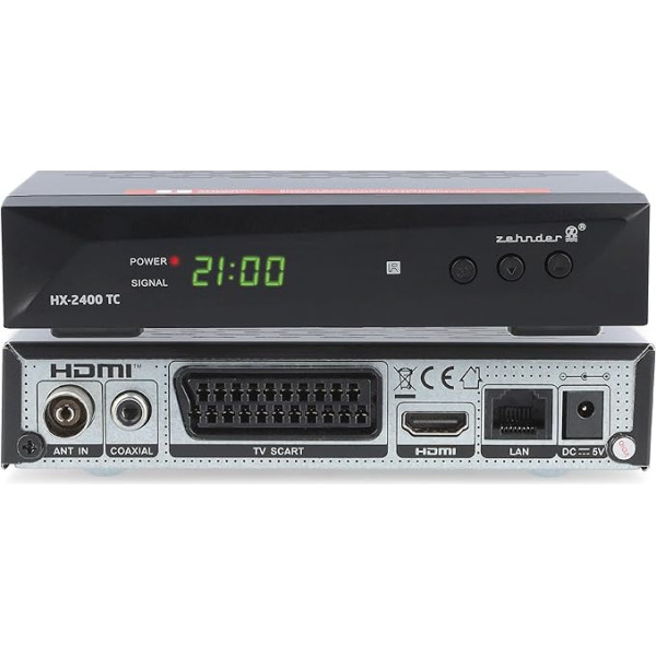 ZEHNDER HX 2400 TC Hybrid Receiver - DVB-C un DVB-T2 uztvērējs, TV uztvērējs, attēla un laika nobīdes funkcija caur USB, 4 zīmju LED displejs, Lernbare Fernbedienung, 12V Netzteil, Full HD 1080p