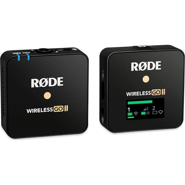 RØDE Wireless GO II vienota īpaši kompakta bezvadu divkanālu mikrofonu sistēma ar iebūvētu mikrofonu, iebūvētu ierakstīšanas funkciju un 200 m diapazonu filmu uzņemšanai, intervijām un filmēšanai