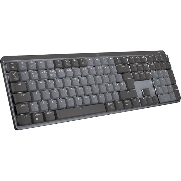 Logitech MX mehāniskā bezvadu bezvadu tastatūra ar apgaismotu veiktspējas tastatūru, lineāri taustiņi, fona apgaismojums, Bluetooth, USB-C, macOS, Windows, Linux, iOS, Android, skandināvu QWERTY izkārtojums - pelēks