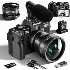 Mo 4K digitālā fotokamera fotografēšanai un video uzņemšanai, 48 MP videoreportāžas kamera YouTube ar 180° pagriežamu ekrānu, 16x digitālo tālummaiņu, 52 mm platleņķa un makro objektīvu, 2 baterijas, 32 GB TF karte, S100