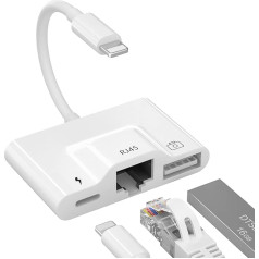 Lighting to Ethernet Adapter, 3 in 1 RJ45 Ethernet LAN Wired Network Adapter with Charging Port and USB 3.0 Port Adapter, 10/100 Mbps Fast Speed Compatible with iPhone/i Pad