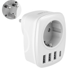 Ceļojuma adapteris UK Adapter England Germany Plug, VINTAR kontaktligzdas adapteris ar 3 USB-A un 1 USB-C pieslēgvietu, piemērots Lielbritānijā, Anglijā, Īrijā, Malaizijā, TypG