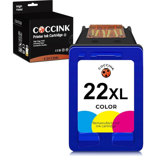 COCCINK 22XL (1 krāsa) atjaunotas printeru kasetnes, kas paredzētas HP 22 XL Deskjet F2120 F2180 F2280 F2280 F380 F390 F335 F4180 D2360 D1460 D1530 D2460 OfficeJet 4315 J3608 printerim.