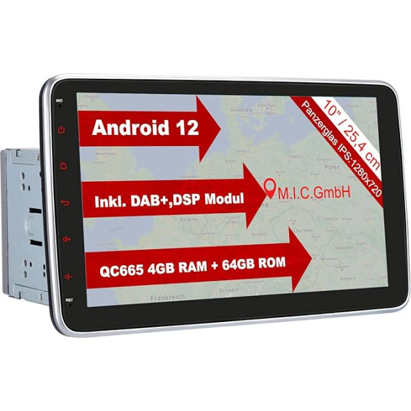 M.I.C. AU10 Android 12 Auto radio ar satelītnavigāciju Qualcomm Snapdragon 665 4G + 64G: DSP DAB+ BT 5.0 WLAN 10 collu ekrāns USB SD GPS dubultā 2 DIN OBD universālā ierīce VW Toyota KIA Nissan rezerves daļas