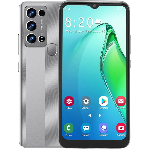 5G viedtālrunis bez līguma Android, GSM mobilais tālrunis ar 6,5 collu IPS HD ekrānu, 12MP + 16M kamera, 6GB + 128GB, 5000mAh akumulators, atbloķēts, pirkstu nospiedumi aizmugurē, atbalsts (pelēks)