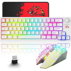 Bezvadu spēļu tastatūras un peles kombinācija, 64 taustiņi ar RGB LED aizmugurgaismojuma tastatūru, 4000 mAh akumulatora uzlādējams 2400 DPI Rainbow Mute Mouse + peles paklājiņš datorspēlētājiem - balta krāsā