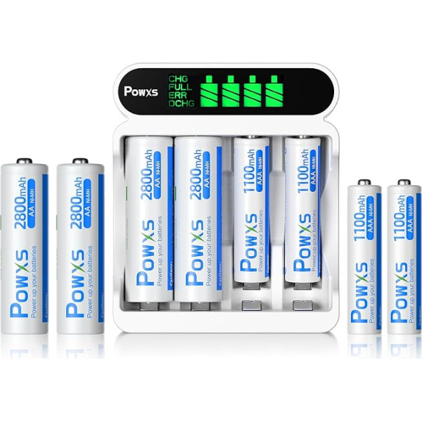 POWXS Battery Charger 4 Compartments with 4 x AA and 4 x AAA High Capacity Batteries, Battery Charger 4-Way LCD with Display and Quick Charge Function, Support for USB and Type-C Input Battery Charger