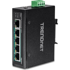 TRENDnet TI-PE50 Industrial 5-Port DIN Rail Fast Ethernet Switch, 4 PoE+ Fast Ethernet porti, 1 Fast Ethernet ports, 90W PoE Power Budget, DIN sliedes, IP30 - melns