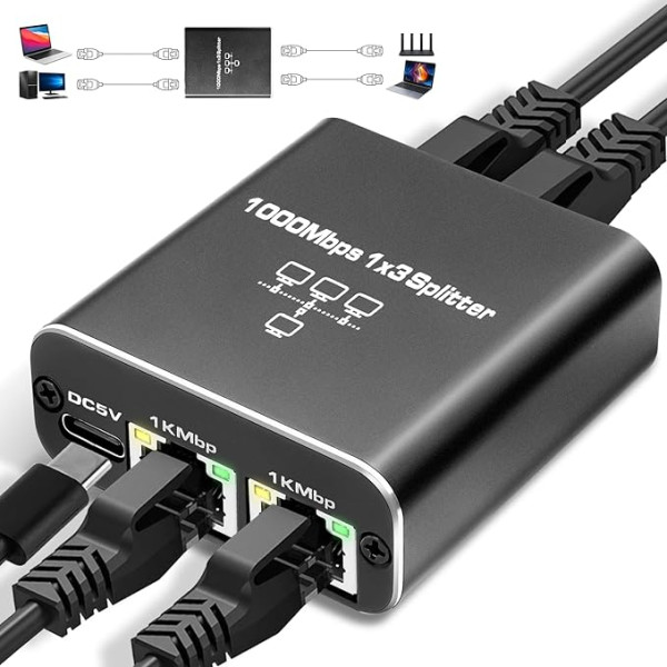 LAN sadalītājs, 1000 Mbps Ethernet sadalītājs, ātrgaitas RJ45 ar USB barošanas kabeli, LAN sadalītājs datoram, maršrutētājam, televizoram, ciparu TV utt. (LAN 1 līdz 3)