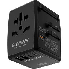 Sanicata universālais ceļojuma adapteris, 65 W GaN ceļojuma adapteris, ātrais lādētājs, ceļojuma kontaktdakšas adapteris visā pasaulē ar 2 USB un 3 USB C, starptautiskais lādētājs A/C/G/I (ASV/UK/ES/AUS) - melns